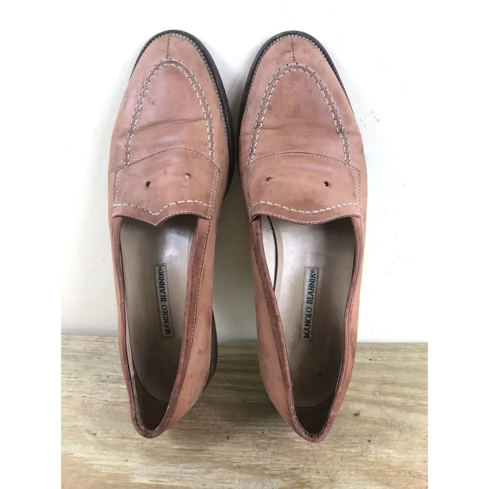 Manolo Blahnik Shoes Womens 40 Brown Leather Loafers Flats Slip Ons Italy